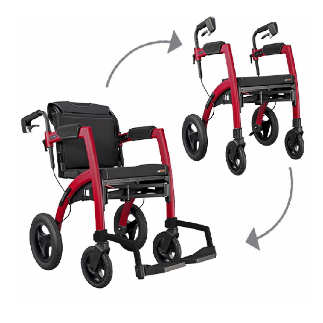 The Rollz Motion Performance All-Terrain 2-In-1 Rollator Transport Chair is shown in two positions: unfolded for ergonomic sitting and folded upright for storage, with arrows highlighting the folding process.